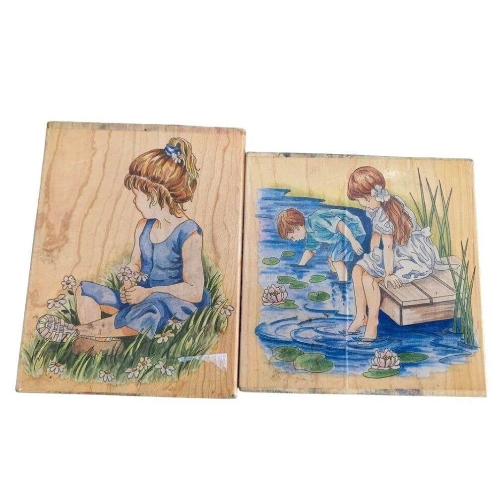 Children at Dock & Girl Daisies Rubber Stamp Set Decorative Wood Block Vintage